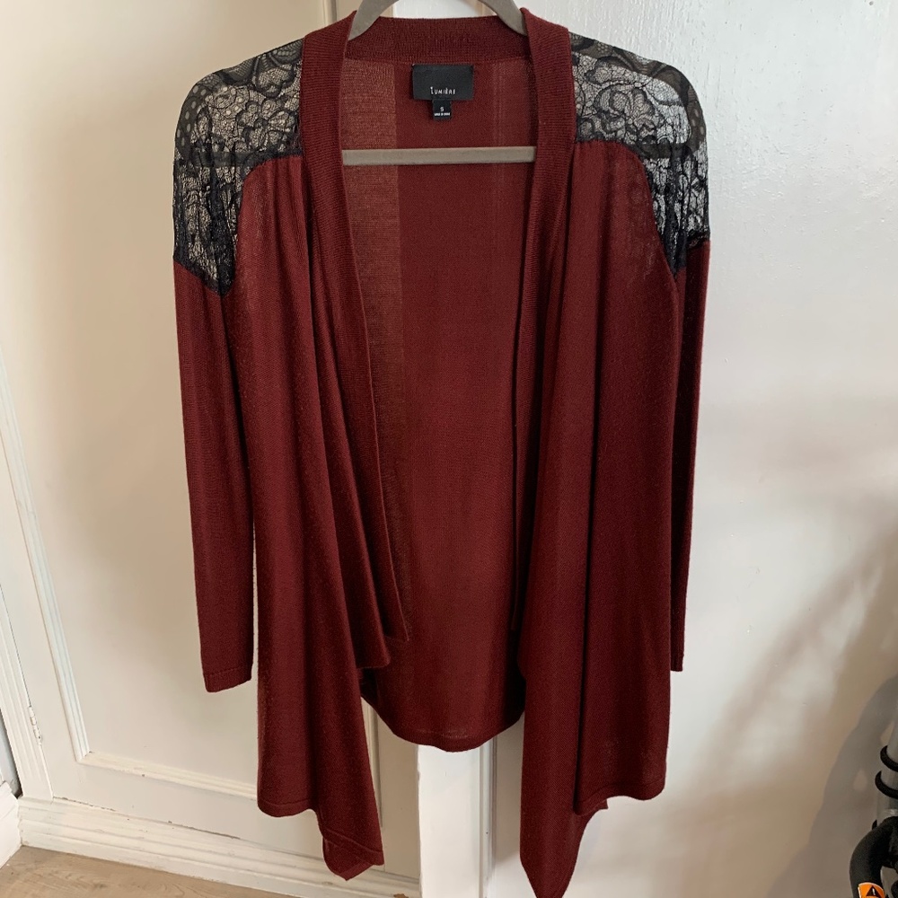 Lumiere cardigan with black lace inserts. Small